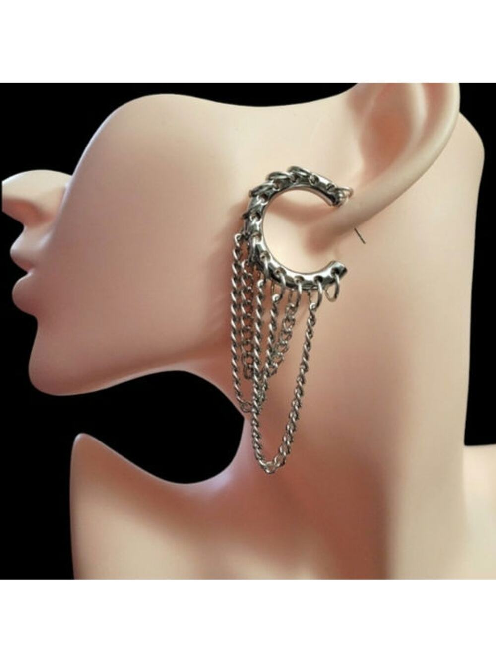 Edgy industrial chunky silver hoop earrings with chains